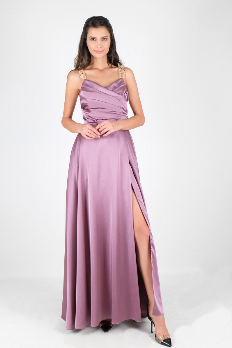 a-3.jpg Fedelia Drapeli Halka Askılı Uzun Saten Abiye - Görsel 1